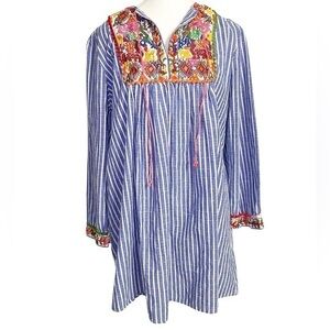 VELZERA BLUE STRIPED BOHO VINTAGE EMBROIDERED TUNIC